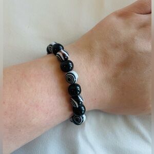 Handmade Black-and-White Swirl and Black Glass Bracelet